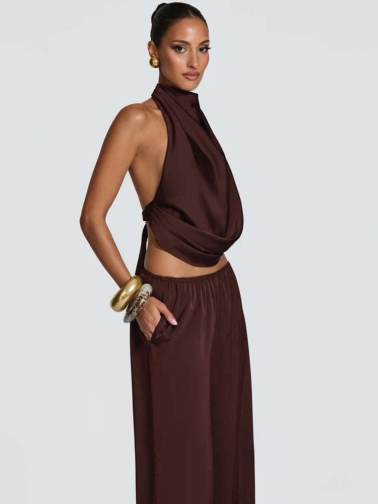 JULISSA MO Sexy Backless Print Leopard Halter Women Pant Set Sleeveless Tops Long Wide Pants Summer Loose Casual Two Piece Sets