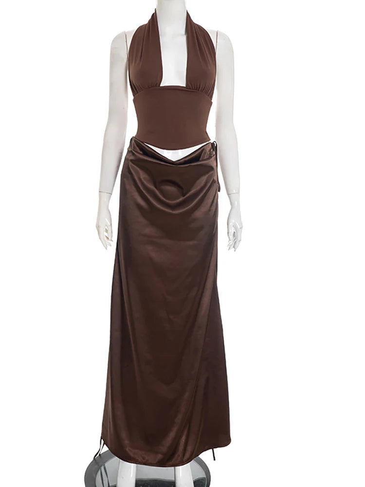 JULISSA MO Sexy Deep V-neck 2 Piece Sets Women Skirt Suit Brown Backless Top Long Drawstring Skirt Spring Slim Elegant Skirt Set