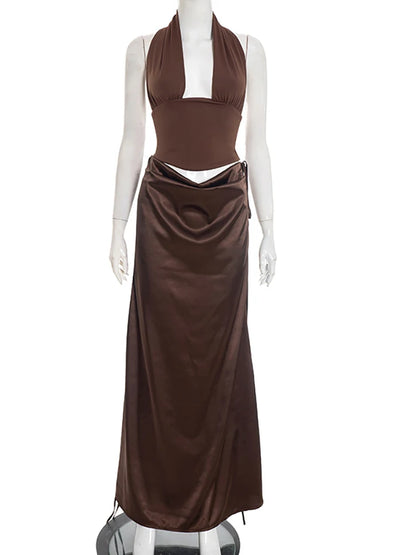 JULISSA MO Sexy Deep V-neck 2 Piece Sets Women Skirt Suit Brown Backless Top Long Drawstring Skirt Spring Slim Elegant Skirt Set