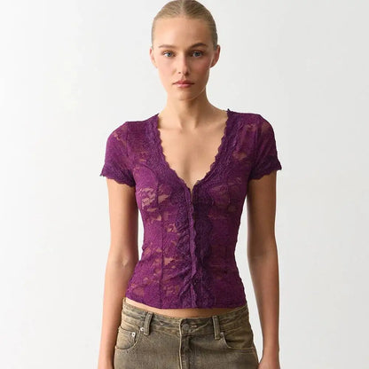 JULISSA MO Sexy Deep V-neck Sheer Lace Women T-shirt Black Short Sleeve Floral T-shirt Summer Skinny Casual Vacation Streetwear