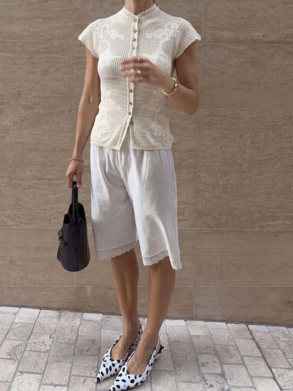 JULISSA MO Knitted Sexy Hollow Out Single Breasted Women Tops Apricot Short Sleeve Round Neck Tops Summer Slim Casual Streetwear