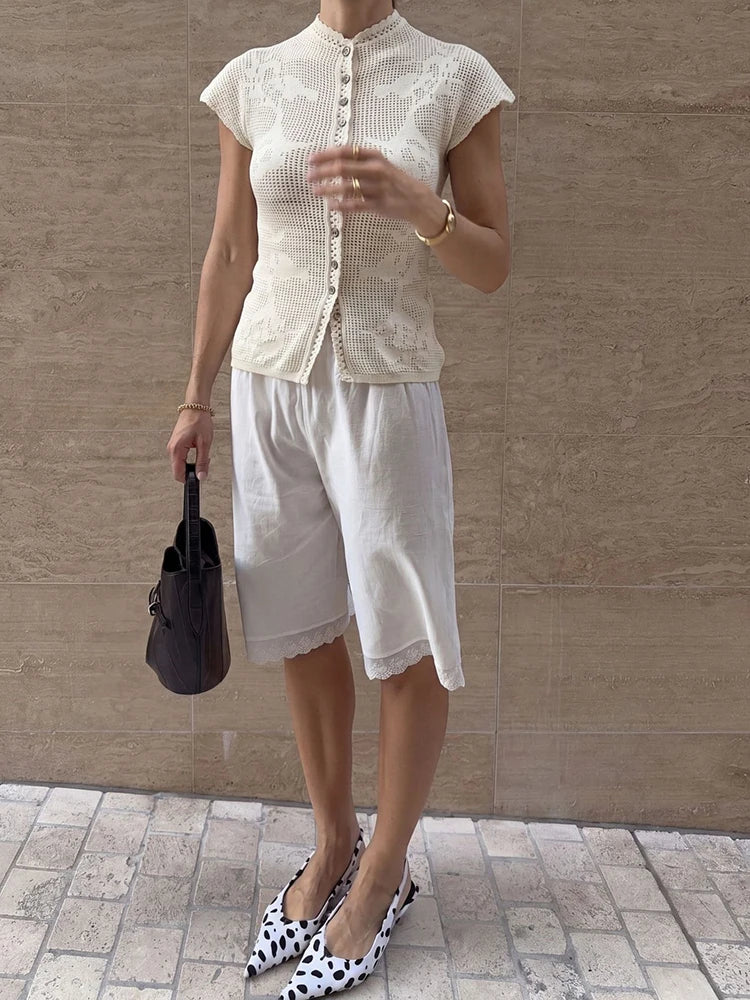 JULISSA MO Knitted Sexy Hollow Out Single Breasted Women Tops Apricot Short Sleeve Round Neck Tops Summer Slim Casual Streetwear