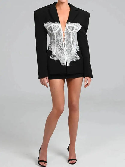 JULISSA MO Patchwork Deep V-neck Lace Women Blazer Black Long Sleeve Single Breasted Jacket Autumn Skinny Elegant Party Clubwear