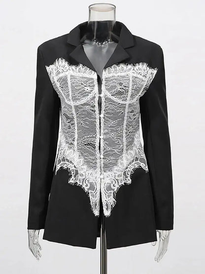 JULISSA MO Patchwork Deep V-neck Lace Women Blazer Black Long Sleeve Single Breasted Jacket Autumn Skinny Elegant Party Clubwear