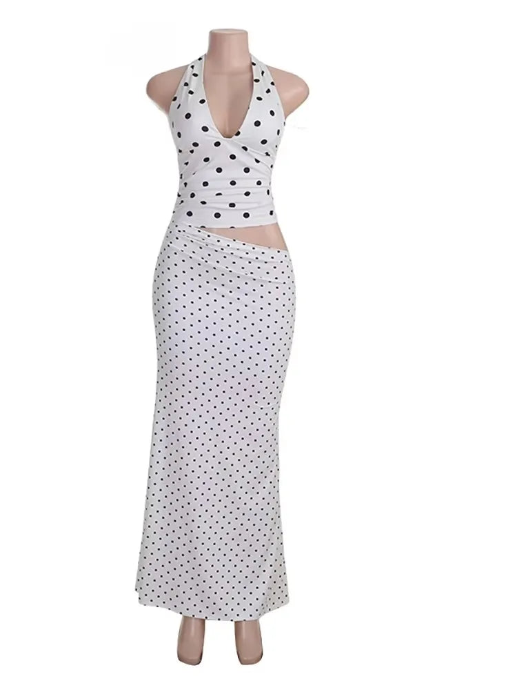 JULISSA MO Sexy Deep V-neck Print Polka Dot Halter Women Skirt Suit Backless Top Long Skirt Summer Skinny Elegant Two Piece Sets