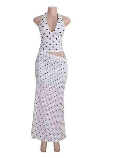 JULISSA MO Sexy Deep V-neck Print Polka Dot Halter Women Skirt Suit Backless Top Long Skirt Summer Skinny Elegant Two Piece Sets