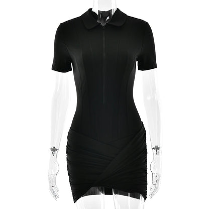 JULISSA MO Irregular Turn-down Collar Zipper Women Bodysuit Short Sleeve High Waist Bodysuit Autumn Slim Elegant Sporty Playsuit