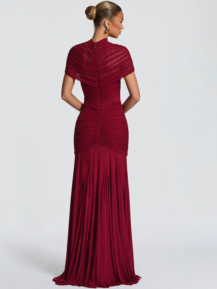 JULISSA MO Patchwork Sexy Hollow Out Sheer Mesh Women Maxi Dress Turtleneck Ruched Dress Spring Slim Elegant Party Evening Dress