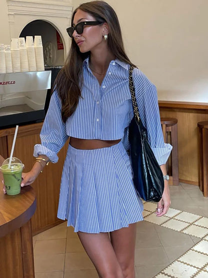 JULISSA MO Print Striped Turn-down Collar Women Two Piece Sets Long Sleeve Shirt Mini Pleated Skirt Summer Slim Casual Skirt Set