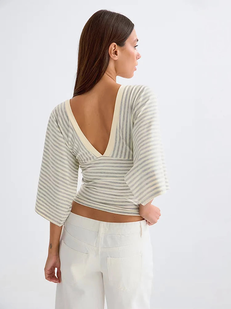 JULISSA MO Sexy V-neck Print Striped Women T-shirt Pink Mid Sleeve Backless Short Female T-shirt Summer Loose Casual Streetwear