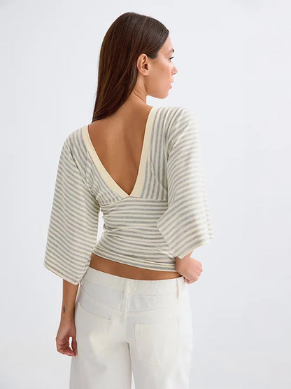 JULISSA MO Sexy V-neck Print Striped Women T-shirt Pink Mid Sleeve Backless Short Female T-shirt Summer Loose Casual Streetwear