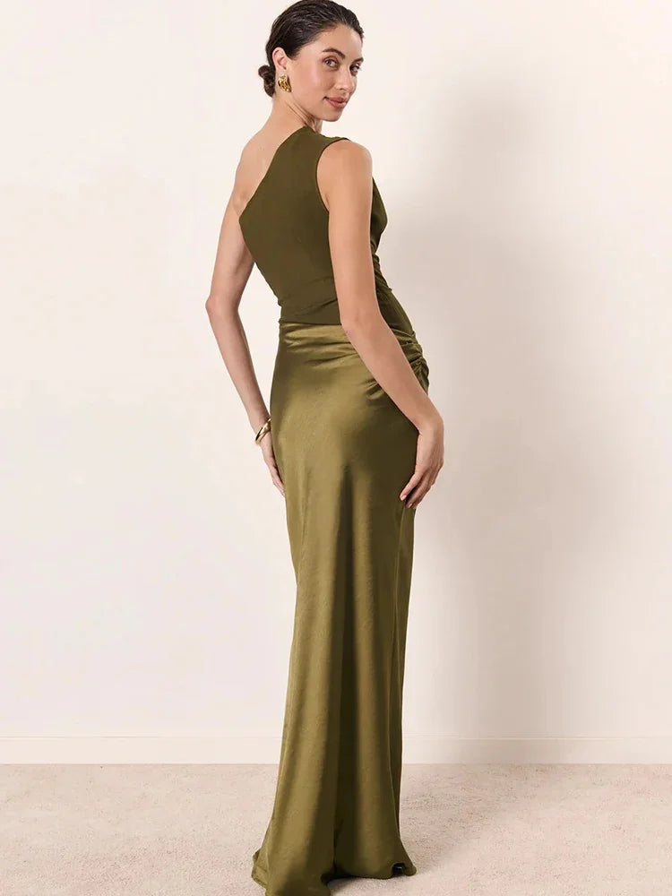 JULISSA MO Patchwork Satin Sexy One Shoulder Women Maxi Dress Brown Sleeveless Evening Dress Summer Slim Elegant Party Clubwear