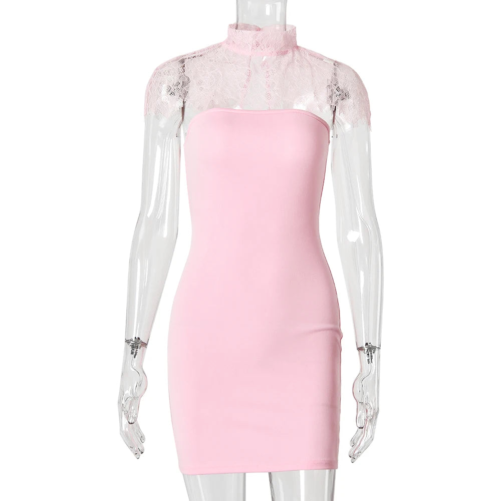 JULISSA MO Sexy Strapless Turtleneck Lace Women Mini Dress Sleeveless See Through Dress Summer Skinny Elegant Party Club Dresses