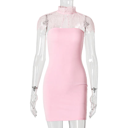 JULISSA MO Sexy Strapless Turtleneck Lace Women Mini Dress Sleeveless See Through Dress Summer Skinny Elegant Party Club Dresses