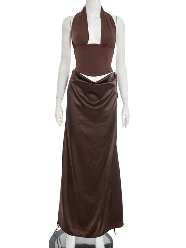 JULISSA MO Sexy Deep V-neck 2 Piece Sets Women Skirt Suit Brown Backless Top Long Drawstring Skirt Spring Slim Elegant Skirt Set