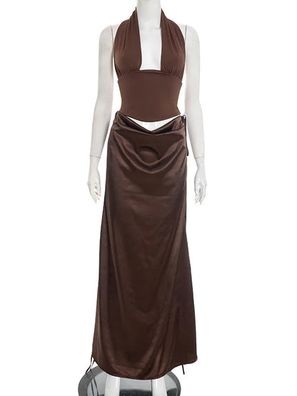 JULISSA MO Sexy Deep V-neck 2 Piece Sets Women Skirt Suit Brown Backless Top Long Drawstring Skirt Spring Slim Elegant Skirt Set