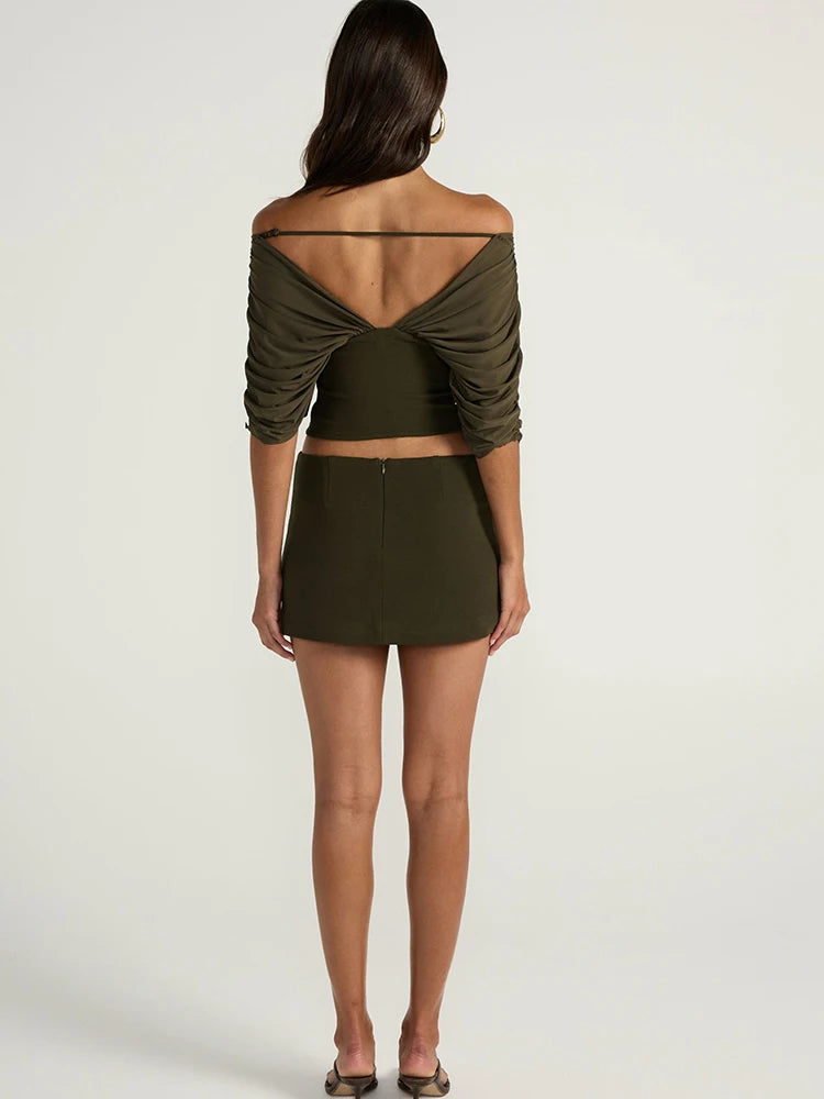 JULISSA MO Sexy Deep V-neck Off Shoulder Women T-shirt Green Short Sleeve Backless T-shirt Summer Slim Casual Vacation Beachwear