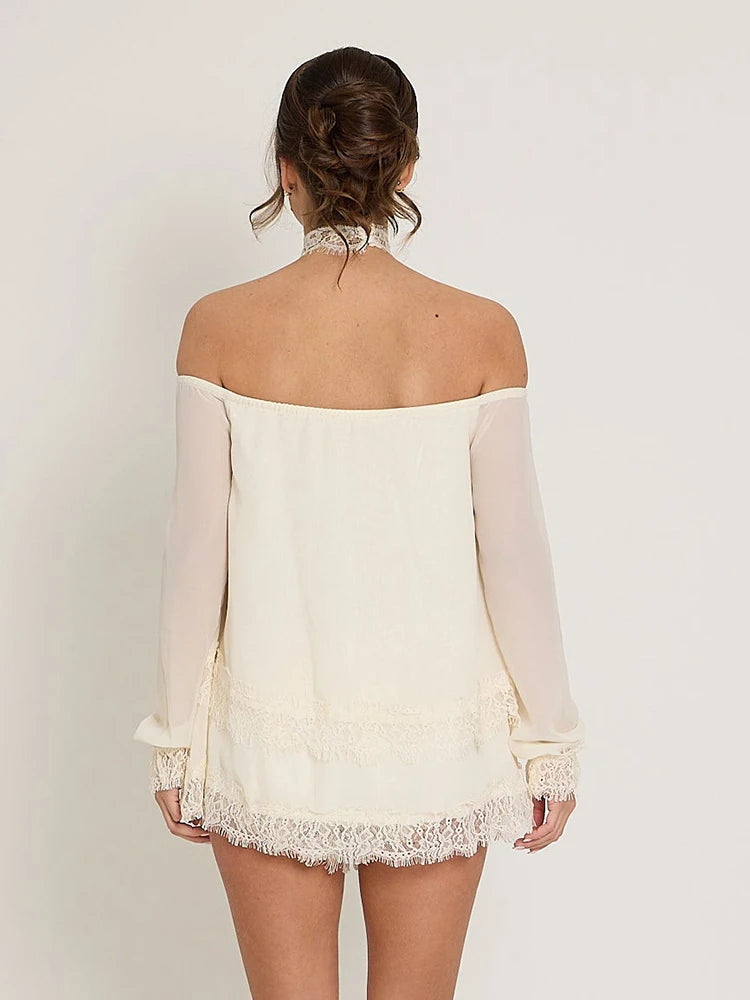 JULISSA MO Sexy Off Shoulder Patchwork Lace Women T-shirt Long Sleeve Backless T-shirt Summer Loose Casual Party Streetwear 2026