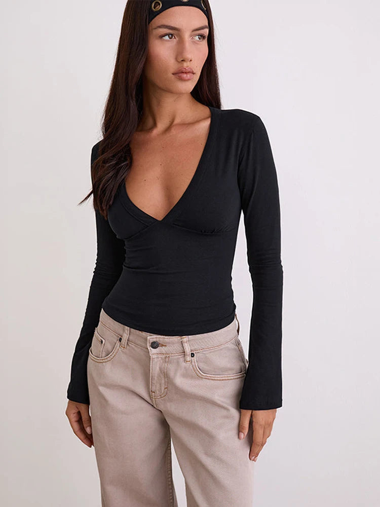JULISSA MO Sexy Deep V-neck Solid Casual Women T-shirt Black Long Sleeve Sporty Short T-shirts Summer Skinny Elegant Streetwear