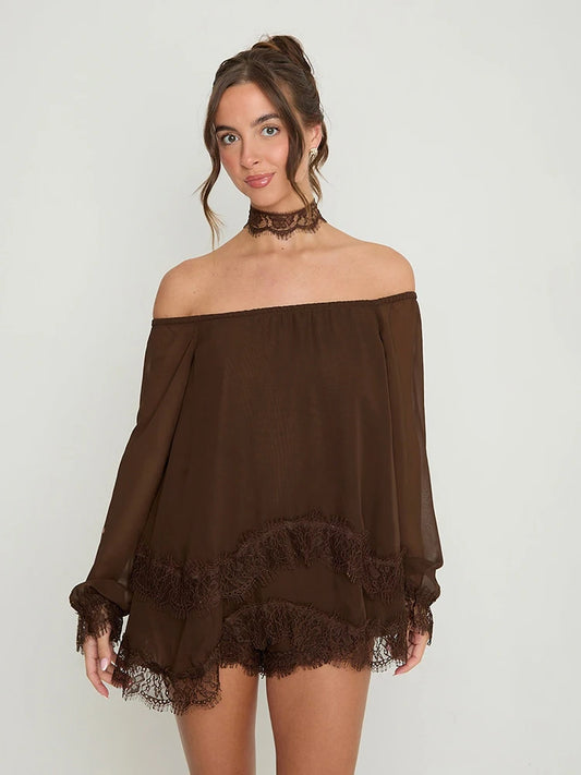 JULISSA MO Sexy Off Shoulder Patchwork Lace Women T-shirt Long Sleeve Backless T-shirt Summer Loose Casual Party Streetwear 2026
