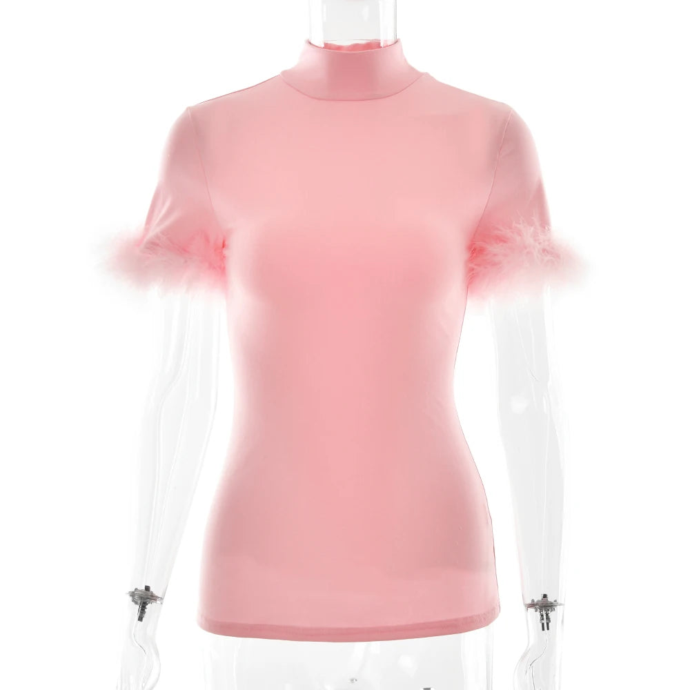 JULISSA MO Turtleneck Patchwork Feather Sleeve Women T-shirts Short Sleeve Casual Short Tops Summer Slim Fashion Party Clubwear