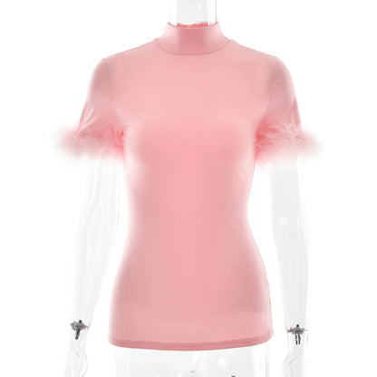 JULISSA MO Turtleneck Patchwork Feather Sleeve Women T-shirts Short Sleeve Casual Short Tops Summer Slim Fashion Party Clubwear