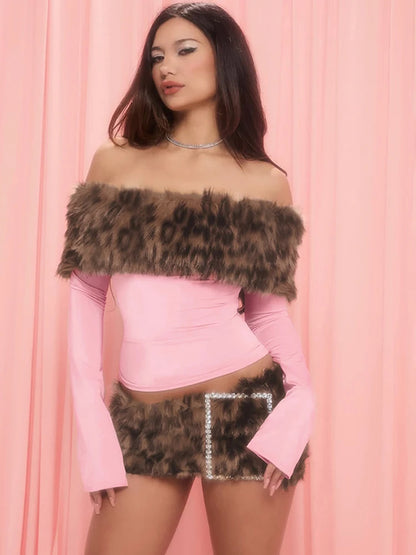 JULISSA MO Patchwork Leopard Print Sexy Off-Shoulder Women Skirt Suit Long Sleeve Top Short Skirt Summer Slim Fashion Party Sets
