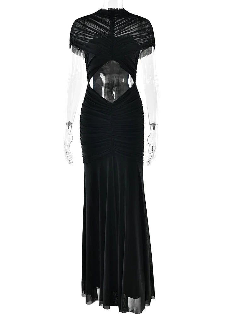 JULISSA MO Patchwork Sexy Hollow Out Sheer Mesh Women Maxi Dress Turtleneck Ruched Dress Spring Slim Elegant Party Evening Dress