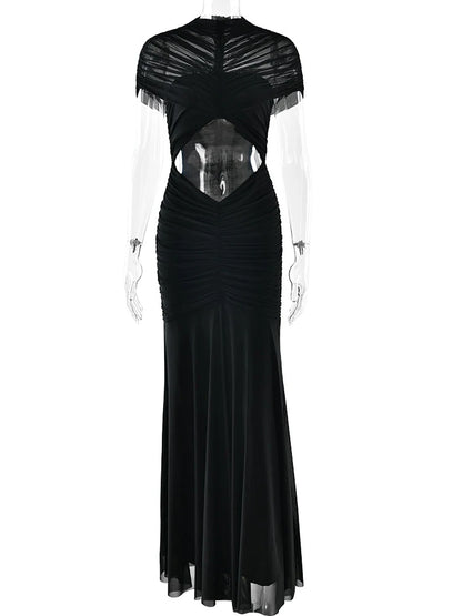 JULISSA MO Patchwork Sexy Hollow Out Sheer Mesh Women Maxi Dress Turtleneck Ruched Dress Spring Slim Elegant Party Evening Dress