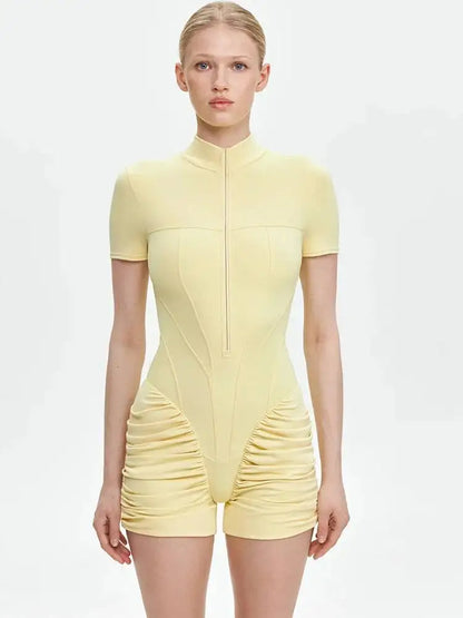 JULISSA MO Turtleneck Yoga Short Sleeve Zipper Women Playsuit High Waist Ruched Bodysuit Summer Slim Casual Sporty Playsuit New