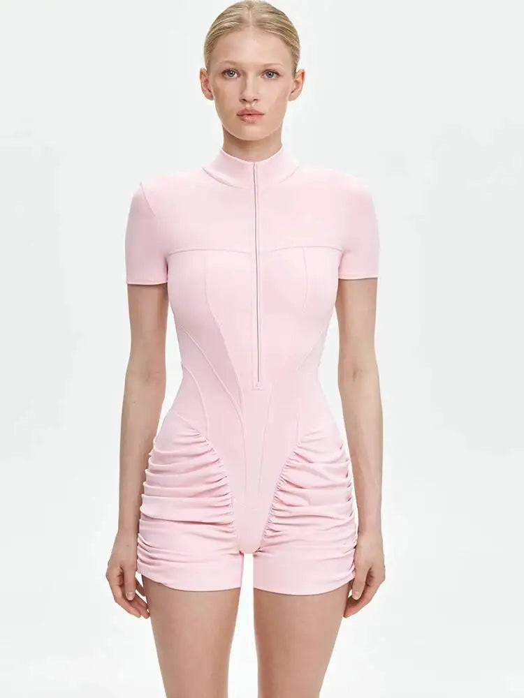 JULISSA MO Turtleneck Yoga Short Sleeve Zipper Women Playsuit High Waist Ruched Bodysuit Summer Slim Casual Sporty Playsuit New
