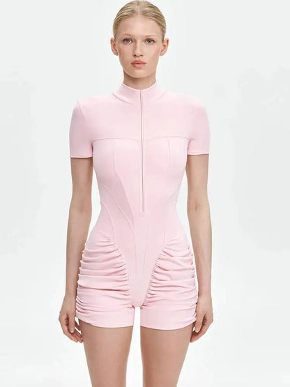 JULISSA MO Turtleneck Yoga Short Sleeve Zipper Women Playsuit High Waist Ruched Bodysuit Summer Slim Casual Sporty Playsuit New