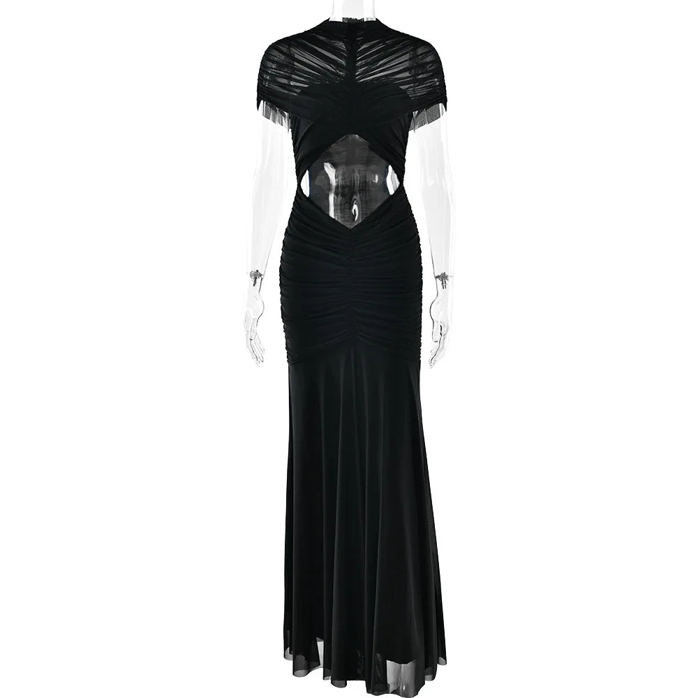 JULISSA MO Patchwork Sexy Hollow Out Sheer Mesh Women Maxi Dress Turtleneck Ruched Dress Spring Slim Elegant Party Evening Dress