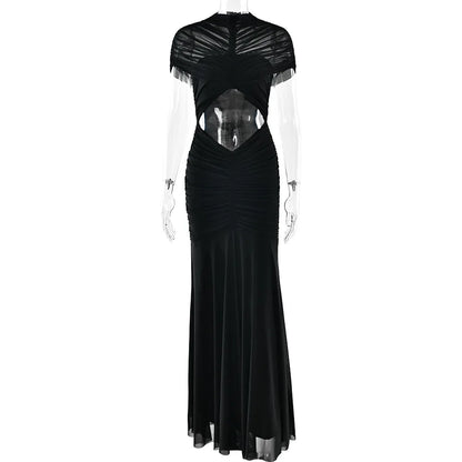 JULISSA MO Patchwork Sexy Hollow Out Sheer Mesh Women Maxi Dress Turtleneck Ruched Dress Spring Slim Elegant Party Evening Dress
