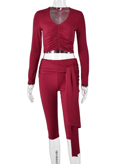 JULISSA MO Deep V-neck Ruched Bandage Women Pant Suit Red Long Sleeve Tops Short Pants Female Summer Slim Casual Two Piece Sets