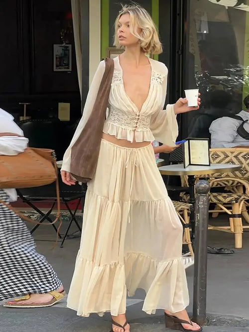 JULISSA MO Patchwork Sexy Deep V-neck Sheer Chiffon Women Skirt Set Long Sleeve Top Long Skirt Spring Slim Casual Two Piece Sets