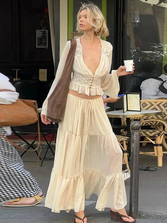 JULISSA MO Patchwork Sexy Deep V-neck Sheer Chiffon Women Skirt Set Long Sleeve Top Long Skirt Spring Slim Casual Two Piece Sets