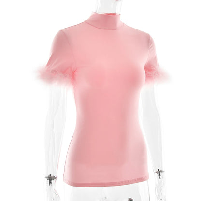 JULISSA MO Turtleneck Patchwork Feather Sleeve Women T-shirts Short Sleeve Casual Short Tops Summer Slim Fashion Party Clubwear