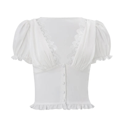 JULISSA MO Patchwork Lace Deep V-neck Flower Sequins Women Skirt Suit Puff Sleeve Tops Mini Skirts Summer Slim Casual Streetwear
