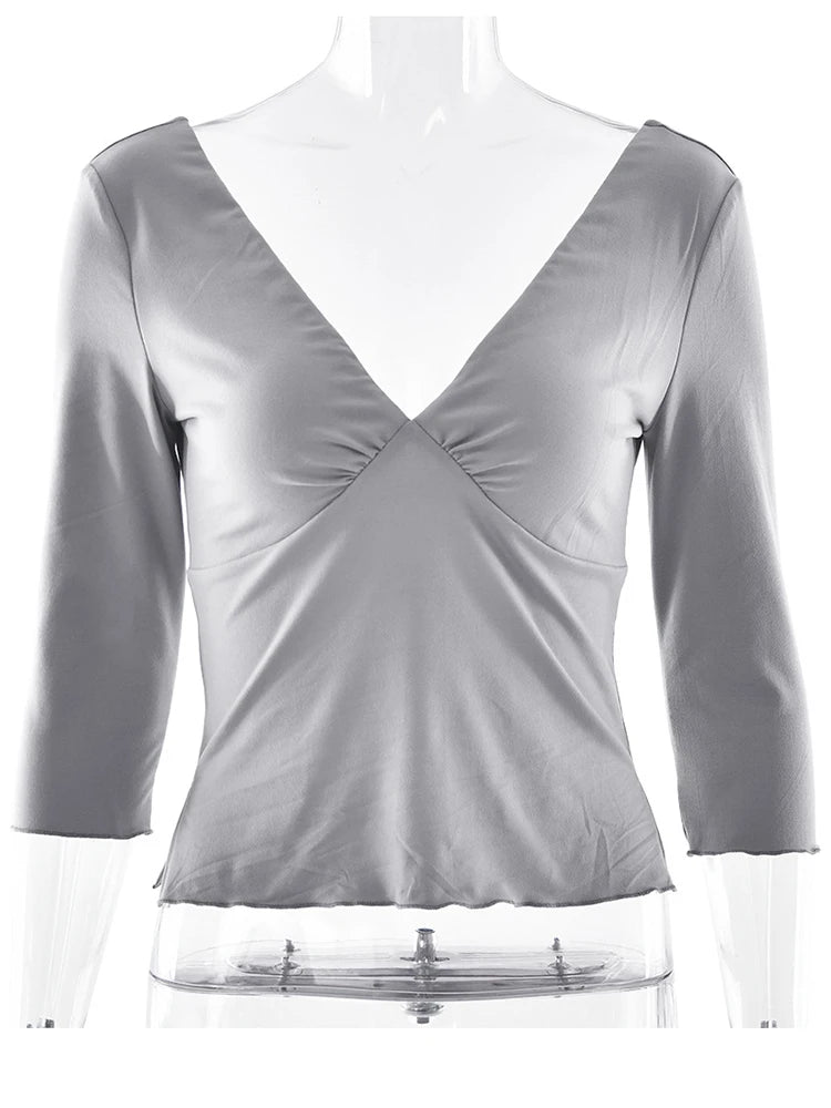 JULISSA MO Sexy Deep V-neck Side Slit Women T-shirt Apricot Half Sleeve Y2k Short T-shirts Female Summer Slim Casual Streetwear