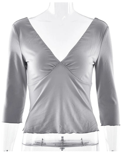 JULISSA MO Sexy Deep V-neck Side Slit Women T-shirt Apricot Half Sleeve Y2k Short T-shirts Female Summer Slim Casual Streetwear
