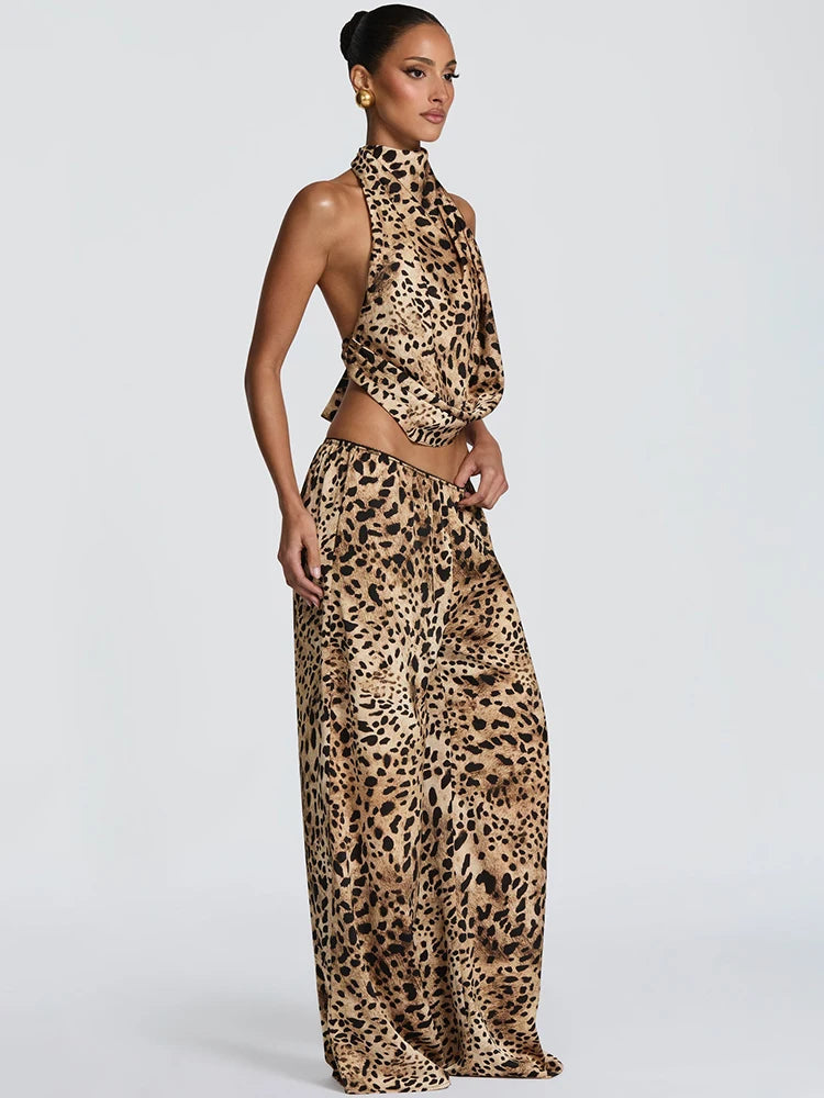 JULISSA MO Sexy Backless Print Leopard Halter Women Pant Set Sleeveless Tops Long Wide Pants Summer Loose Casual Two Piece Sets