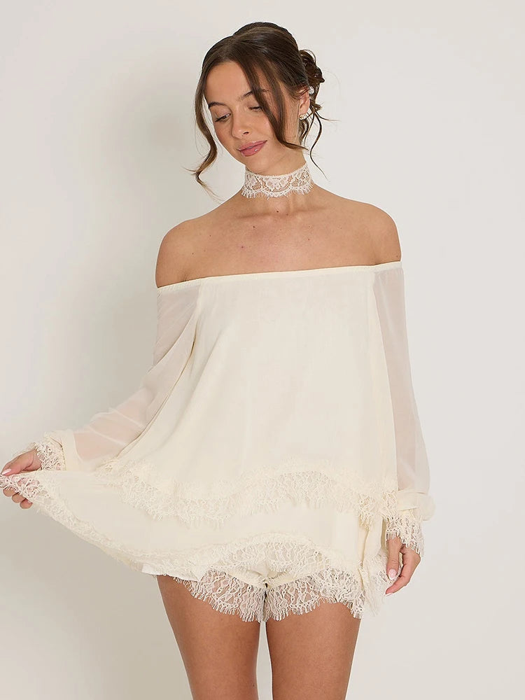 JULISSA MO Sexy Off Shoulder Patchwork Lace Women T-shirt Long Sleeve Backless T-shirt Summer Loose Casual Party Streetwear 2026