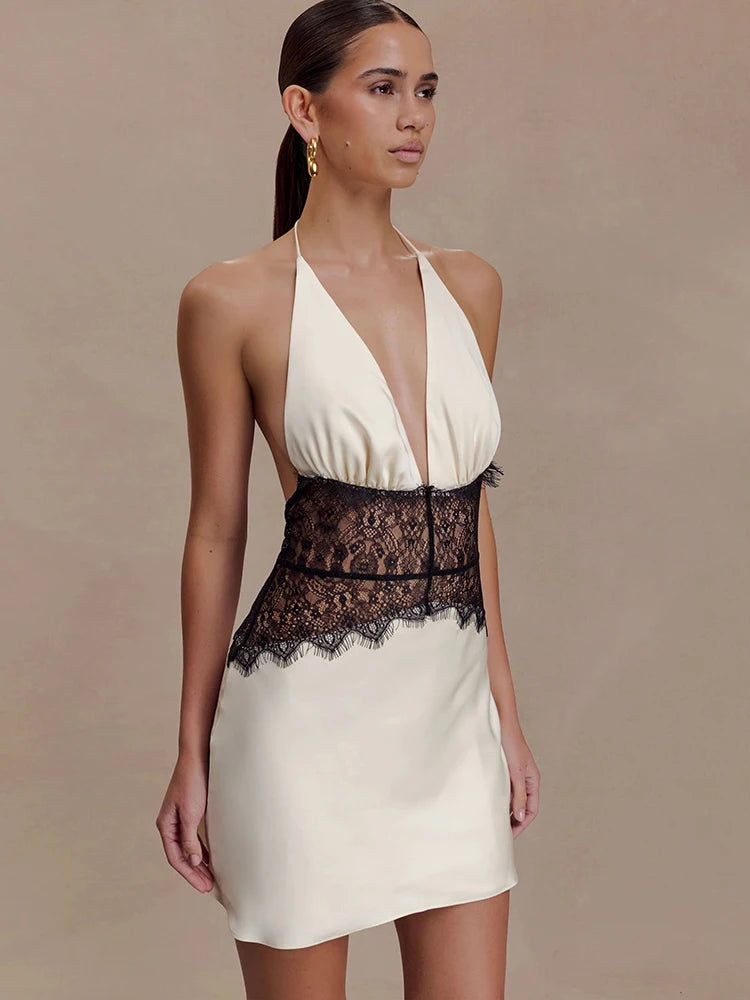 JULISSA MO Patchwork Lace Sexy Backless Mini Dress Women White Deep V-neck Halter Dress Winter Skinny Elegant Party Club Dresses