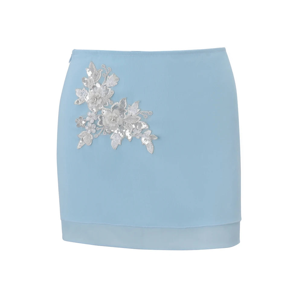 JULISSA MO Patchwork Lace Deep V-neck Flower Sequins Women Skirt Suit Puff Sleeve Tops Mini Skirts Summer Slim Casual Streetwear