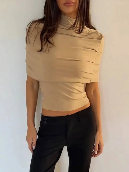 JULISSA MO Solid Turtleneck Pleated Women Tops Apricot Strapless Tank Top Pullover Shawl Summer Slim Casual Two Piece Sets 2026