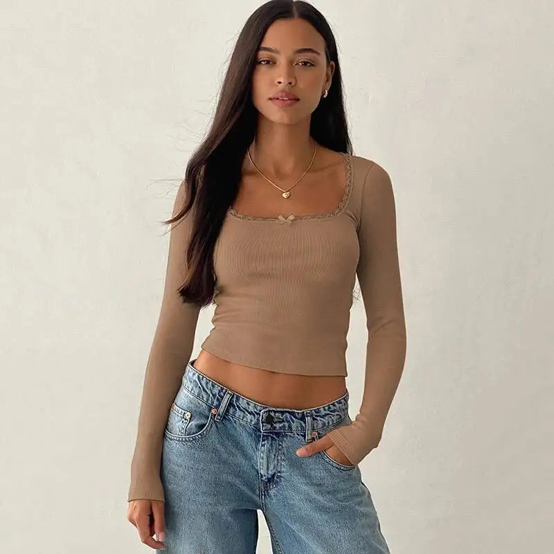 JULISSA MO Sexy Square Collar Lace Bow Women T-shirt White Long Sleeve Casual Short T-shirt Summer Slim Elegant Streetwear 2026