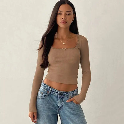 JULISSA MO Sexy Square Collar Lace Bow Women T-shirt White Long Sleeve Casual Short T-shirt Summer Slim Elegant Streetwear 2026
