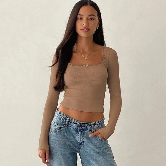 JULISSA MO Sexy Square Collar Lace Bow Women T-shirt White Long Sleeve Casual Short T-shirt Summer Slim Elegant Streetwear 2026
