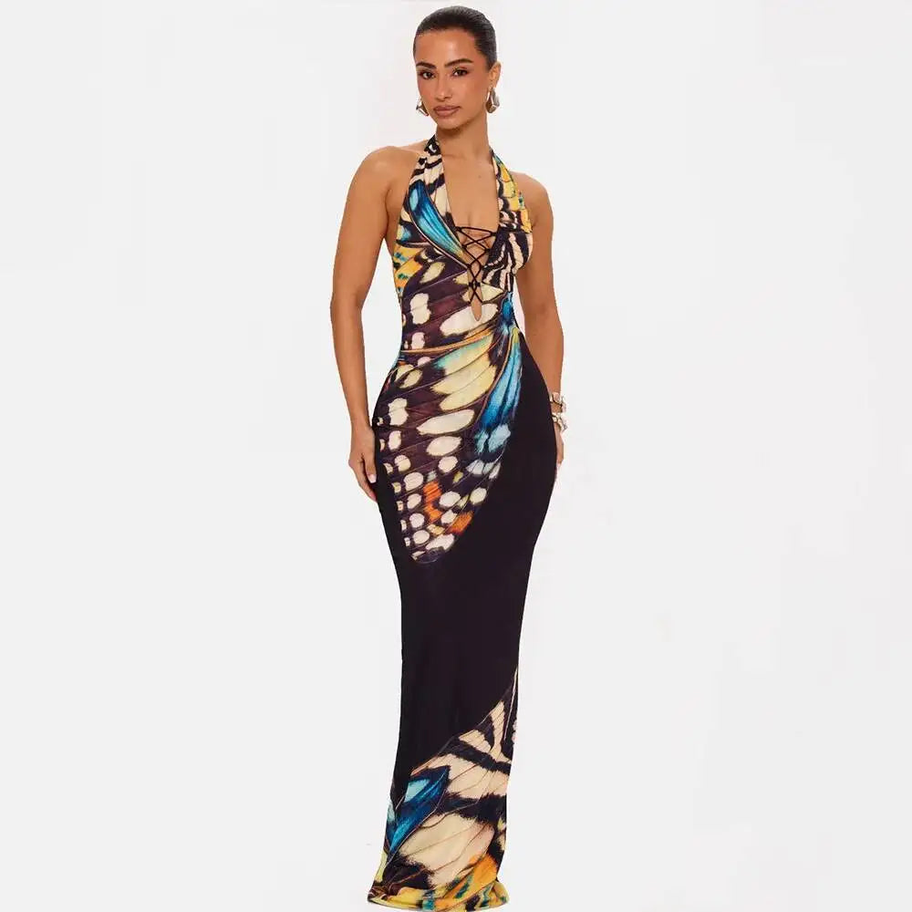 JULISSA MO Sexy Deep V-neck Print Halter Women Maxi Dress Black Backless High Waist Dress Summer New Elegant Party Evening Dress